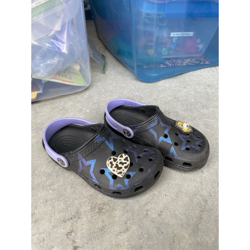 Crocs Kids Classic Clog Black Blue Metallic Stars Purple Strap Size J1
